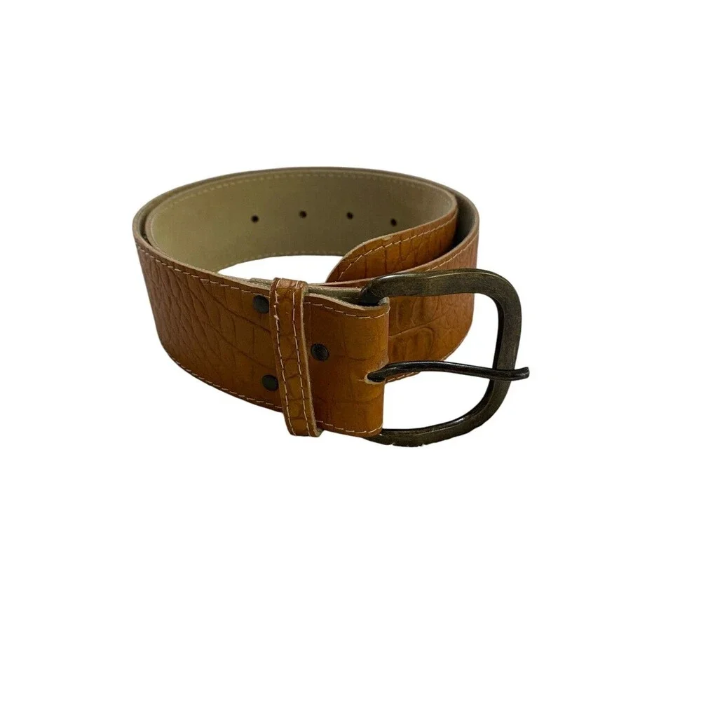 Made In USA Brown Croc Embossed Wide Belt S Cognac Bronze Buckle NWOT